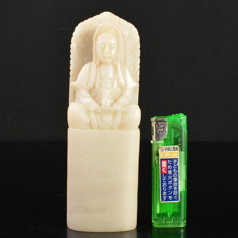 NM　中国玉石白玉彫刻　観音菩薩像仏像　印材重さ約425g　M　R6796