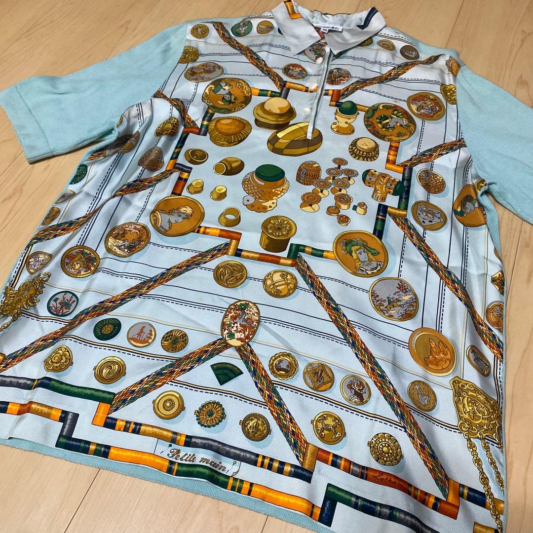 【送料無料】 HERMES エルメス シルク スカーフ柄 切替ポロシャツ M