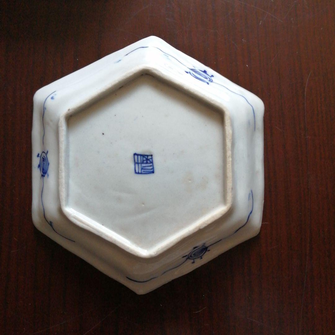 伊万里　染付茶縁六角皿　10枚　14cm　明治～大正期