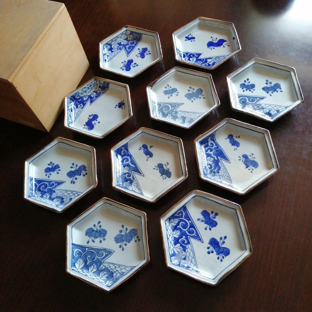 伊万里　染付茶縁六角皿　10枚　14cm　明治～大正期