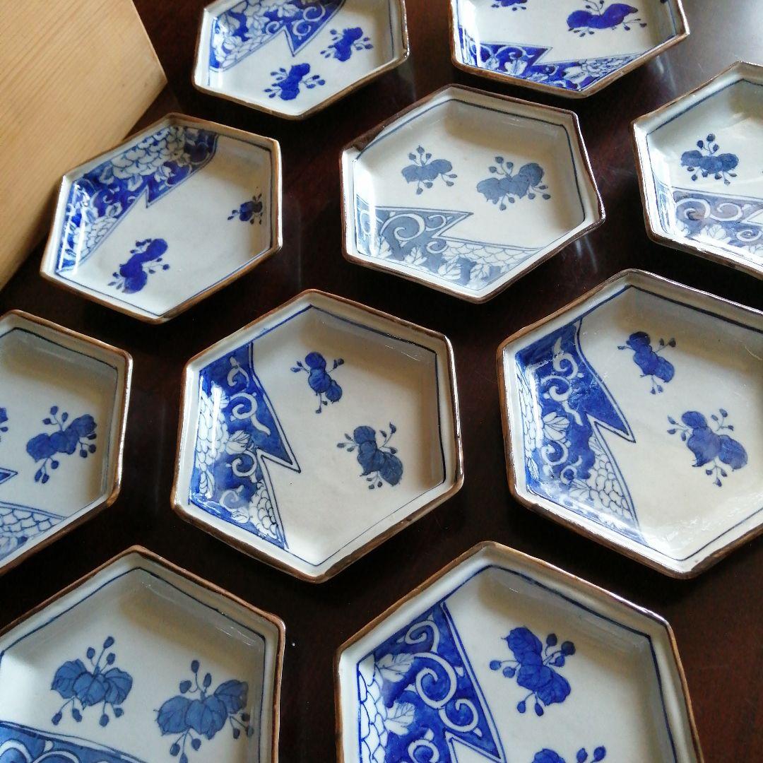 伊万里　染付茶縁六角皿　10枚　14cm　明治～大正期