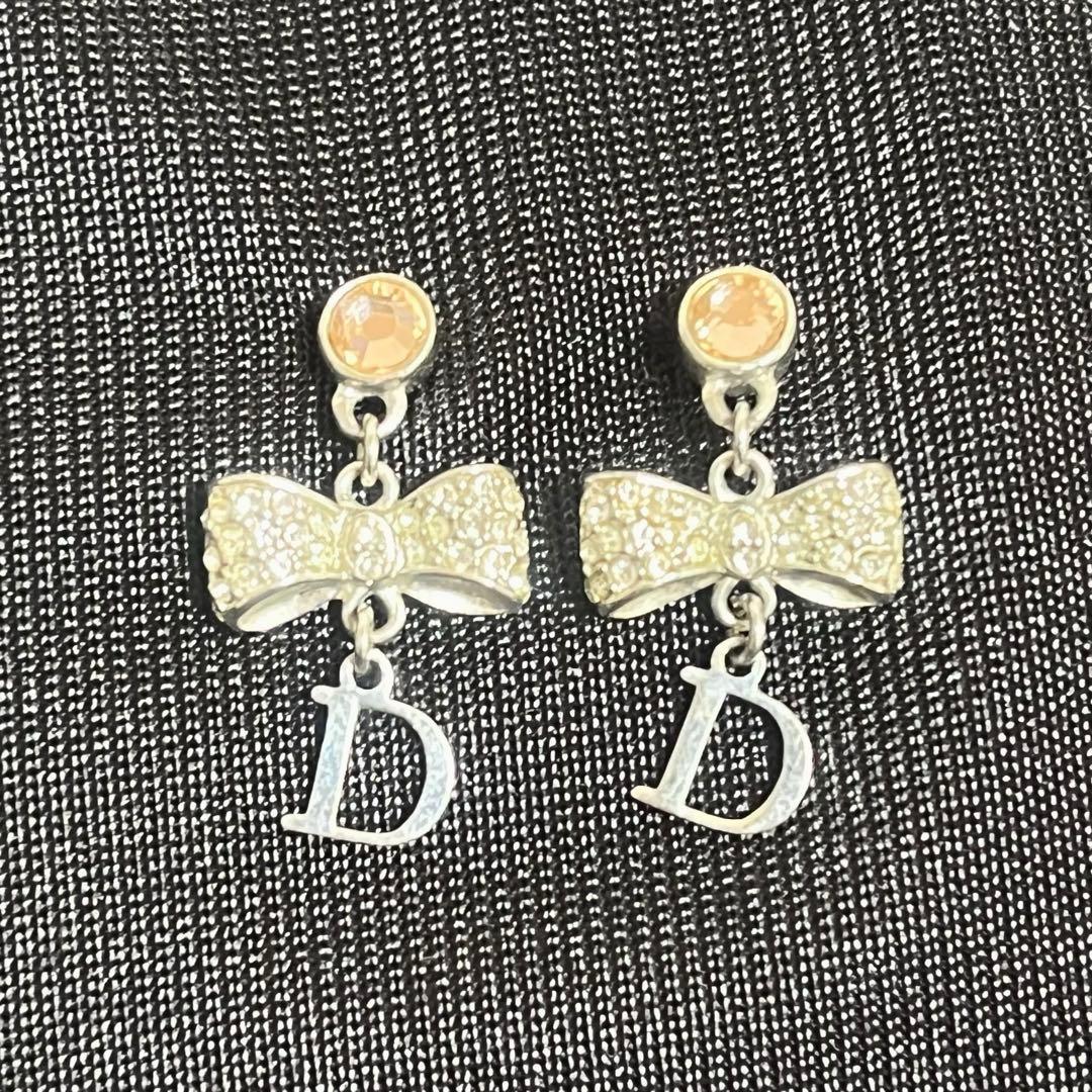 【希少】Dior ピアス リボン ラインストーン ロゴ ピンク シルバー