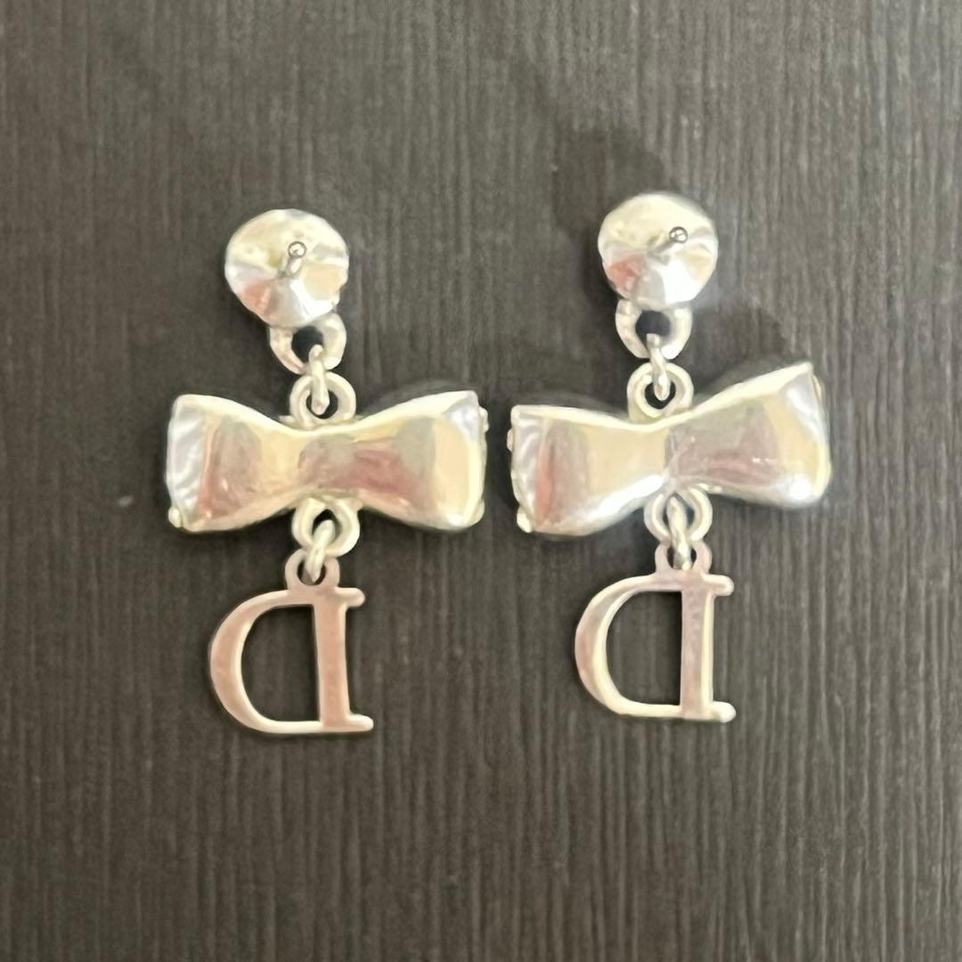 【希少】Dior ピアス リボン ラインストーン ロゴ ピンク シルバー