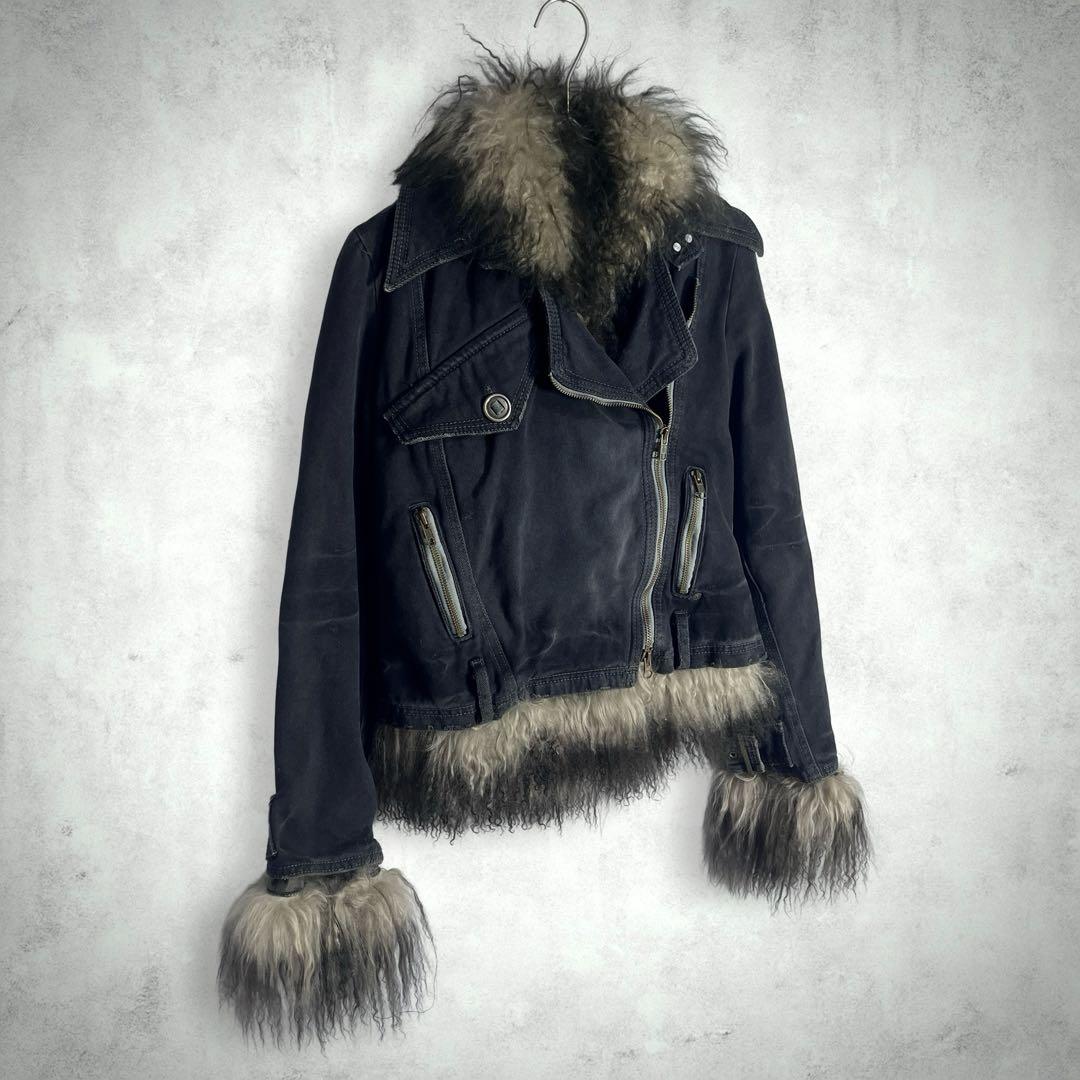 y2k 平成ギャル ラムファー フェアリーグランジ デニムライダースジャケット