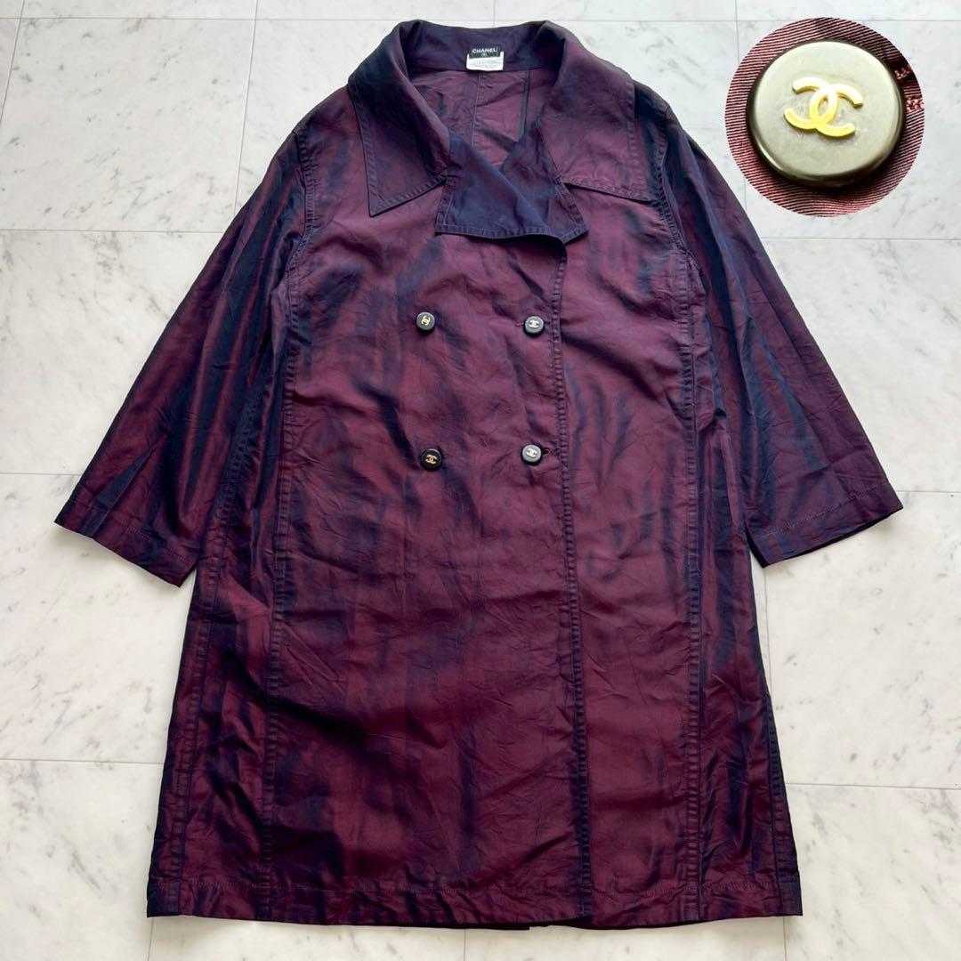 CHANEL ココマークボタン シルク サテン ライトコート ワインレッド