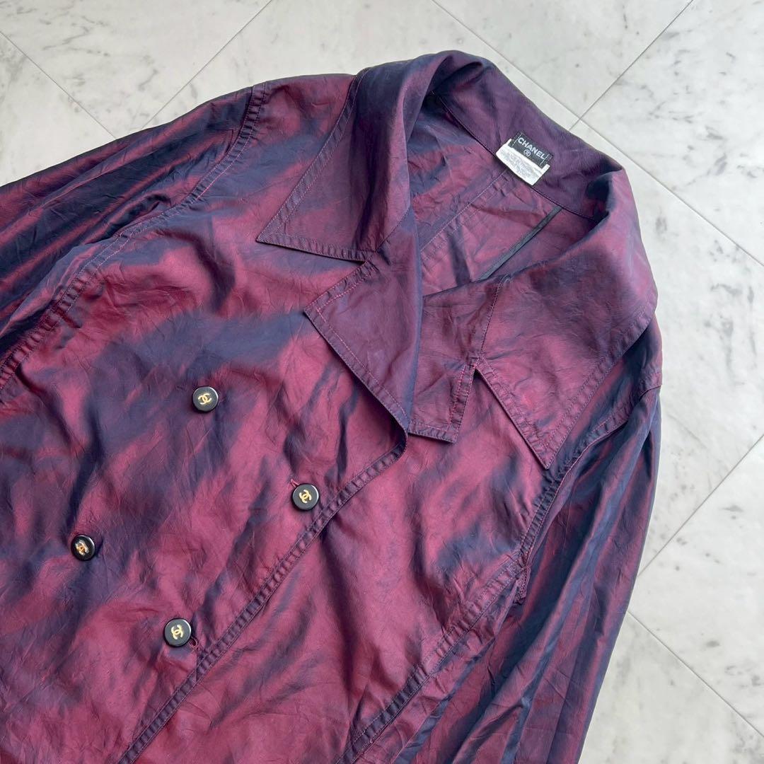 CHANEL ココマークボタン シルク サテン ライトコート ワインレッド