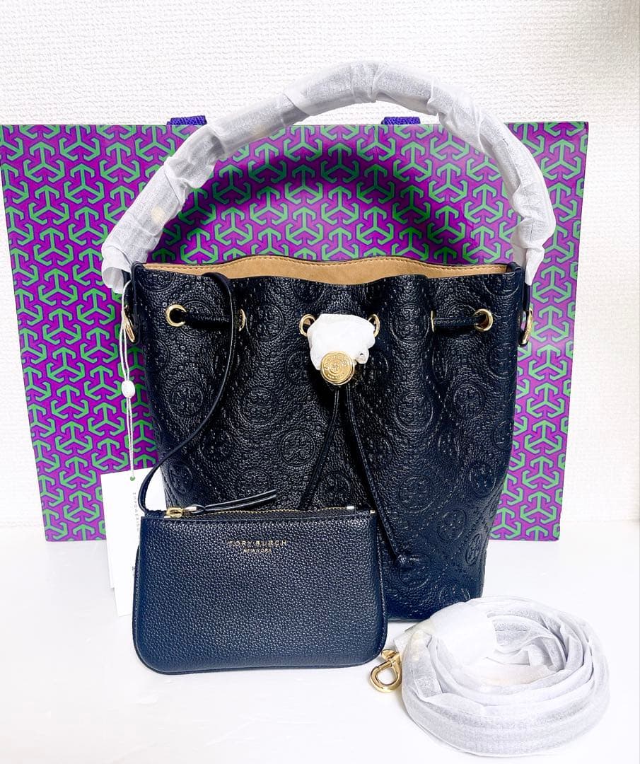 【大人気☆】Tory Burch Tモノグラム ペブルド バケットバッグ