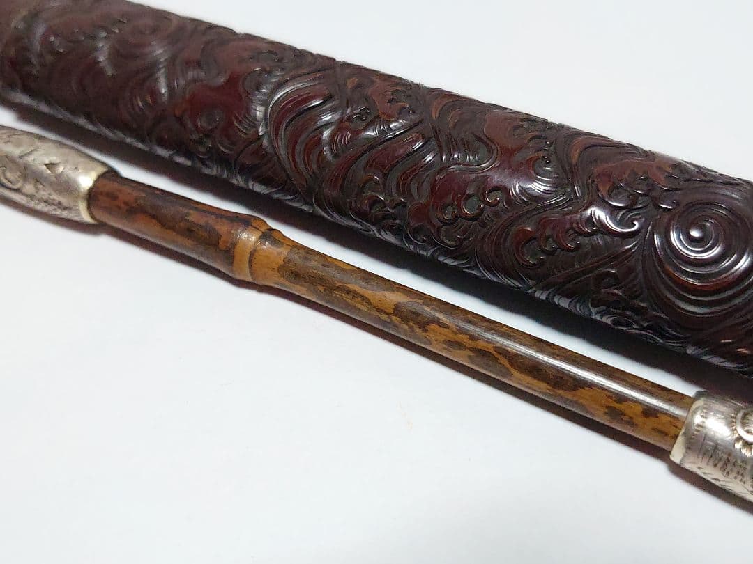 時代物 煙管 煙草入 煙管筒 金口 細工 彫刻 一式 骨董 アンティーク