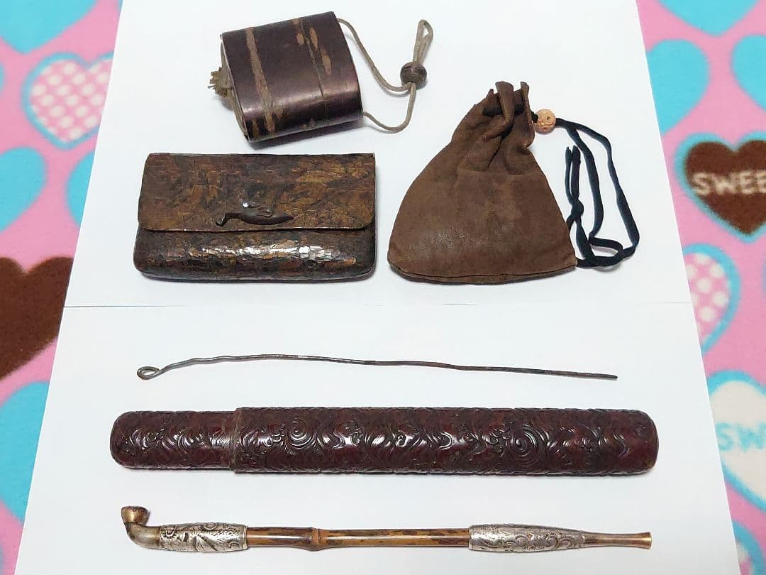 時代物 煙管 煙草入 煙管筒 金口 細工 彫刻 一式 骨董 アンティーク