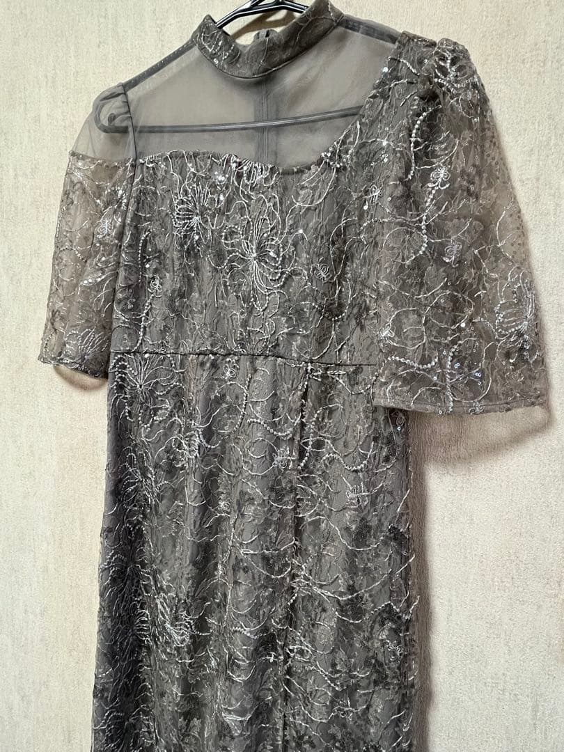 Leja 花柄刺繍スパンコールベロアスリットIラインドレスワンピース