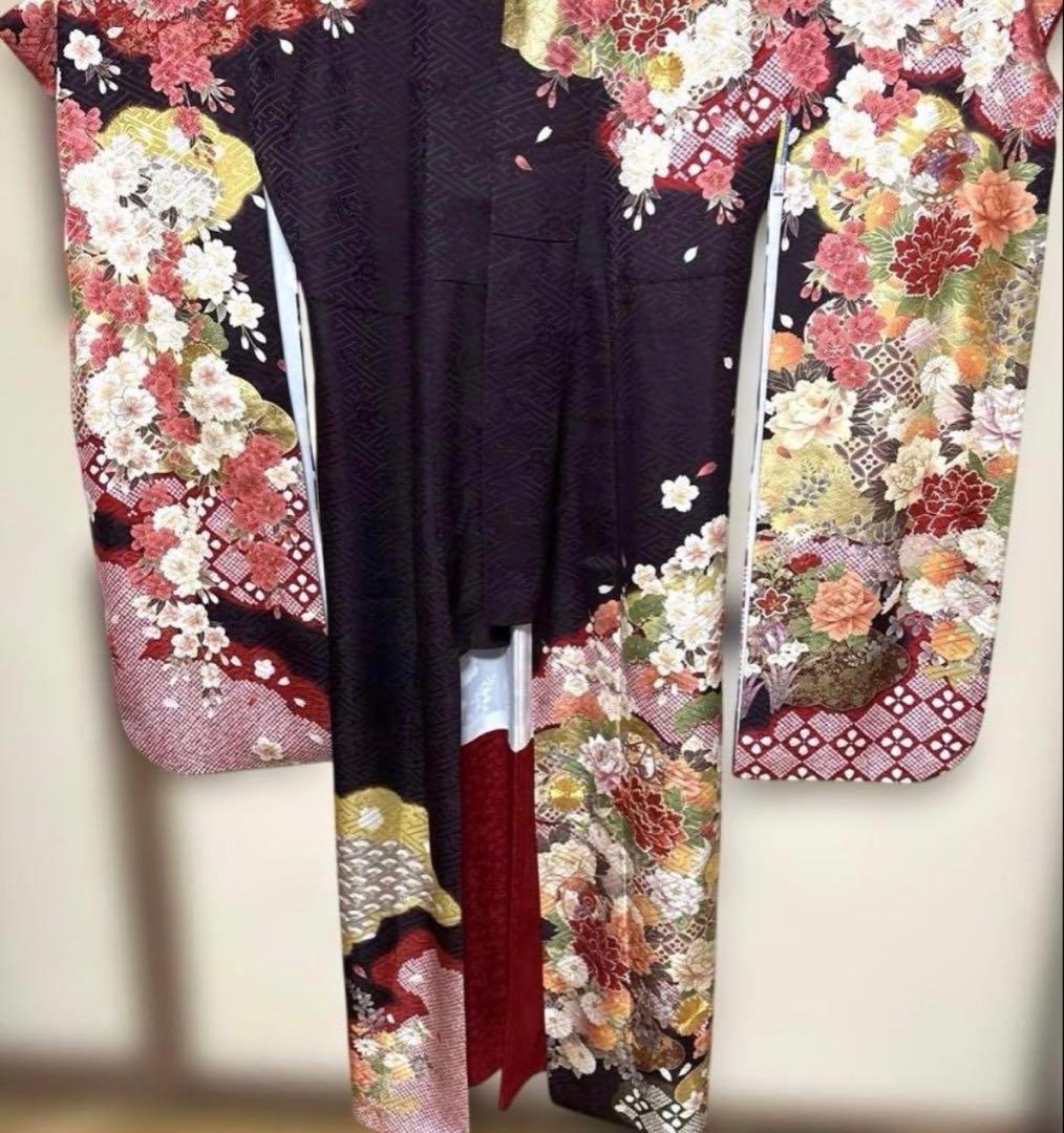 黒鳶色 華 振袖 身丈156