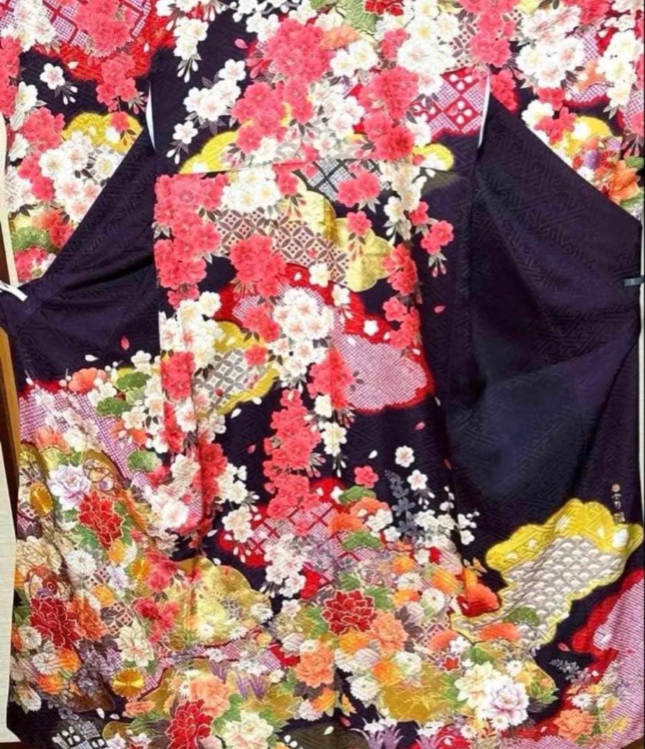 黒鳶色 華 振袖 身丈156