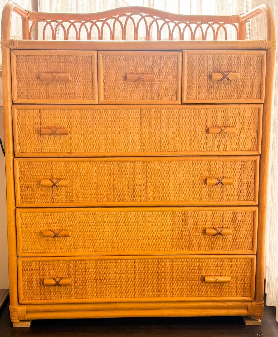 【送料無料】希少ヴィンテージ風　ラタン製5段 チェスト