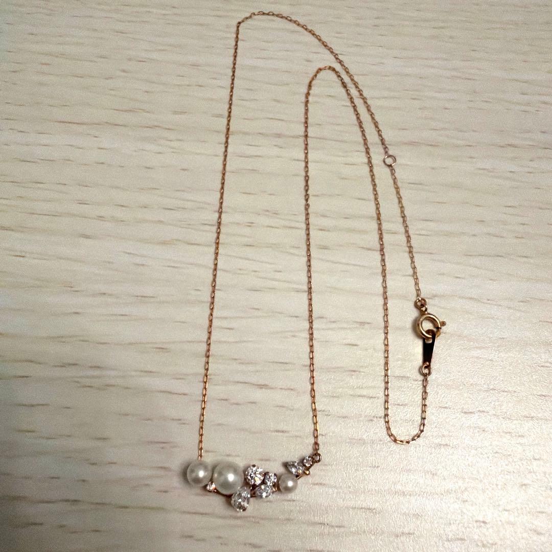 K10PG♡淡水パール/キュービックジルコニアネックレス