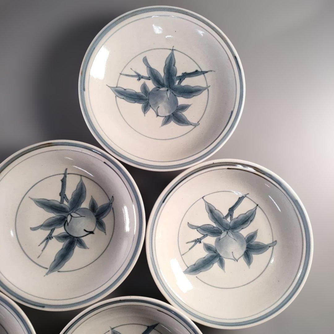 A1363-2/有田焼/五代 佐藤走波 作/染付桃絵銘々皿5客/共箱/懐石道具/