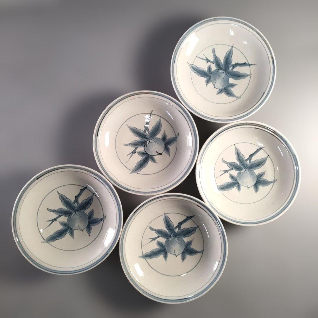 A1363-2/有田焼/五代 佐藤走波 作/染付桃絵銘々皿5客/共箱/懐石道具/