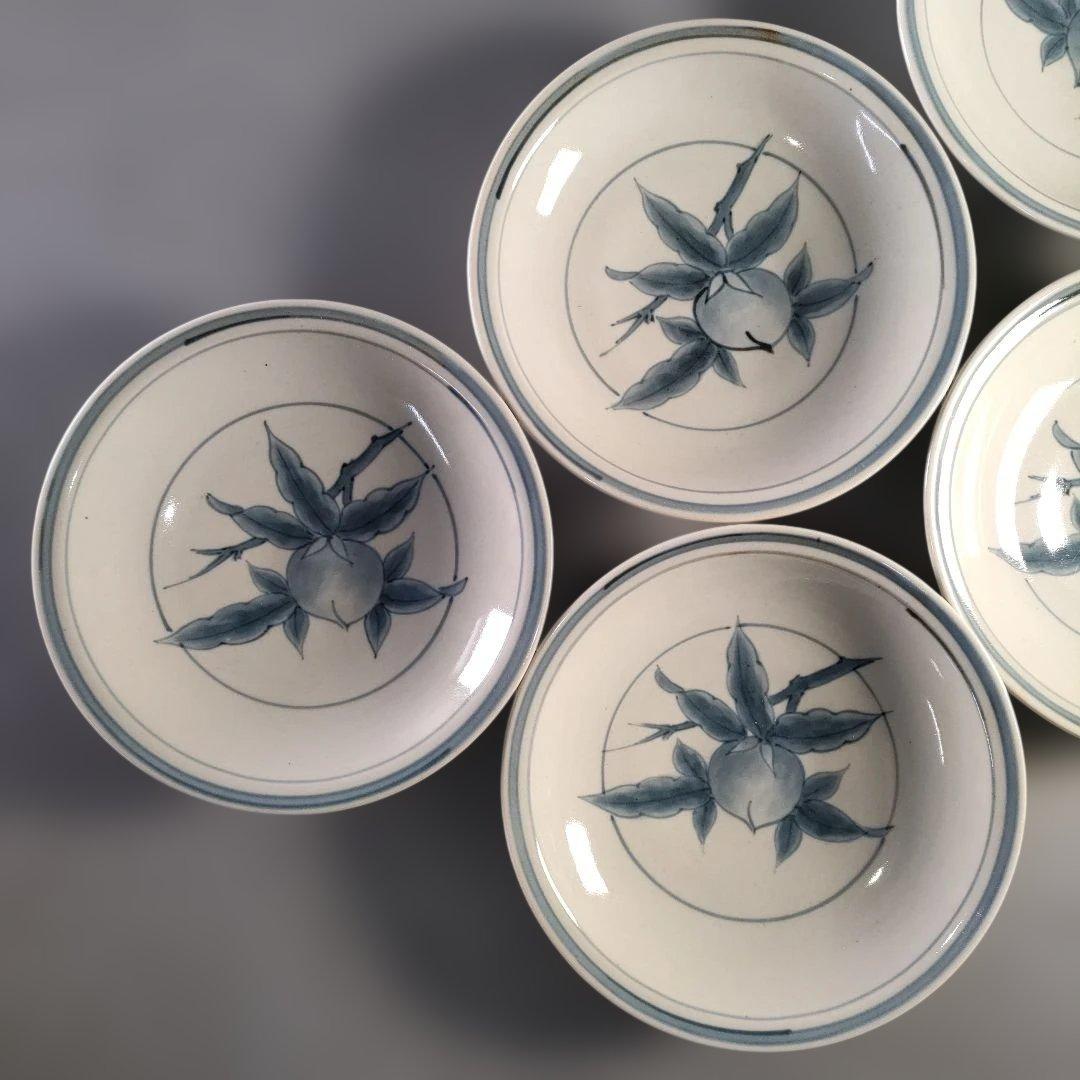 A1363-2/有田焼/五代 佐藤走波 作/染付桃絵銘々皿5客/共箱/懐石道具/