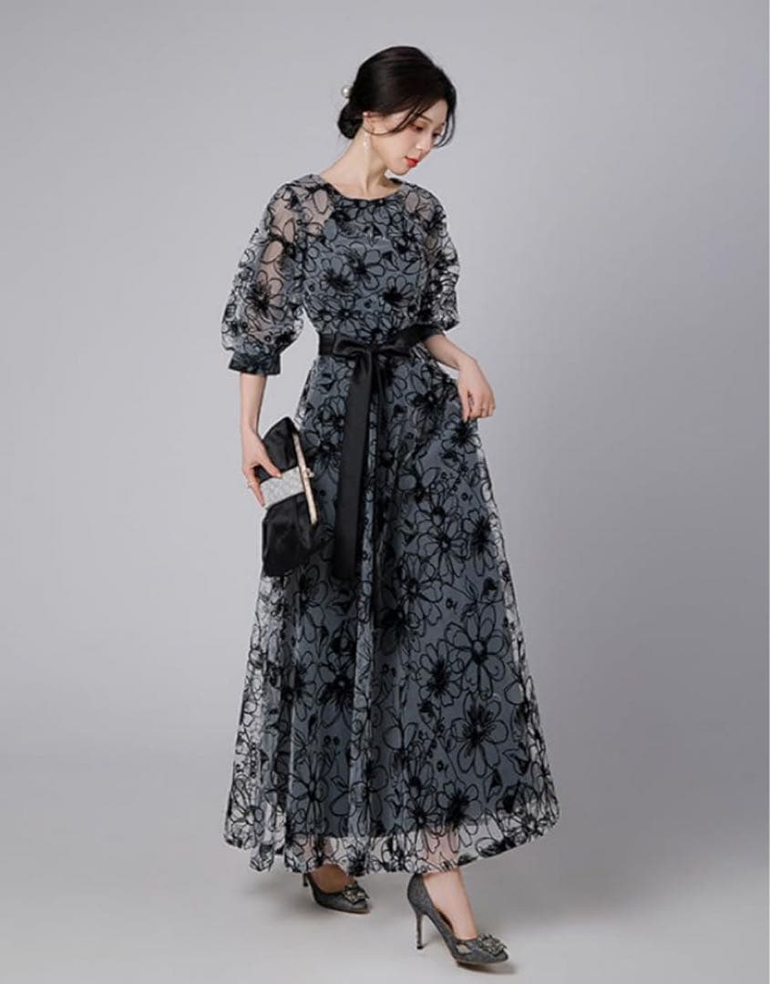 パーティードレス 花柄 裏地付き Aライン ロング丈 フォーマル 結婚式 L