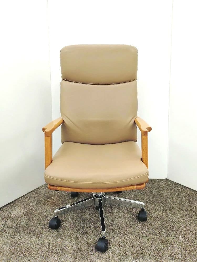 浜本工芸 無垢材 昇降式 レザー デスクチェア DSA-5200 回転チェア