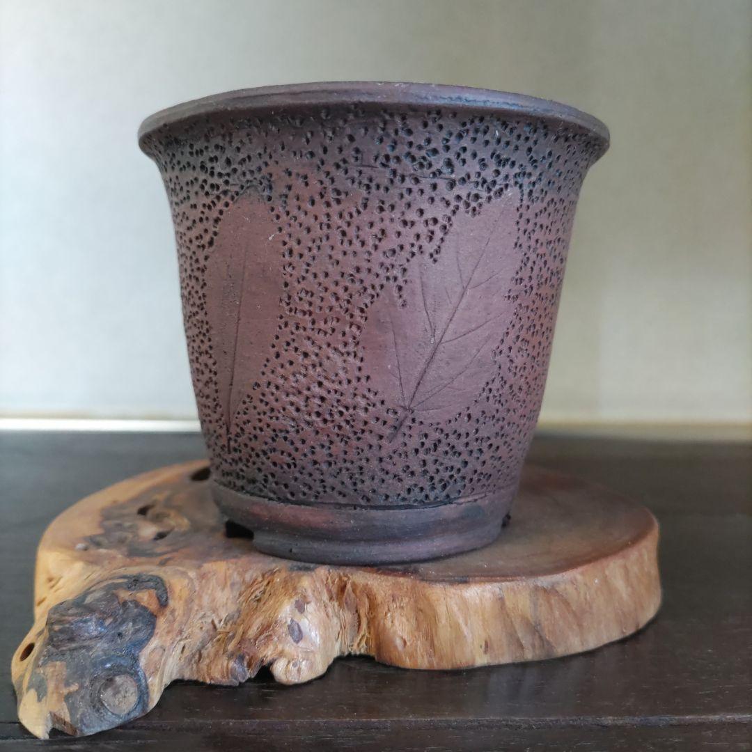 富舟、落款、盆栽鉢、植木鉢、古鉢、鋲打ち鉢、常滑焼、花台付