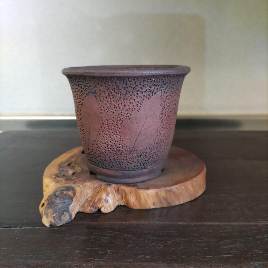 富舟、落款、盆栽鉢、植木鉢、古鉢、鋲打ち鉢、常滑焼、花台付