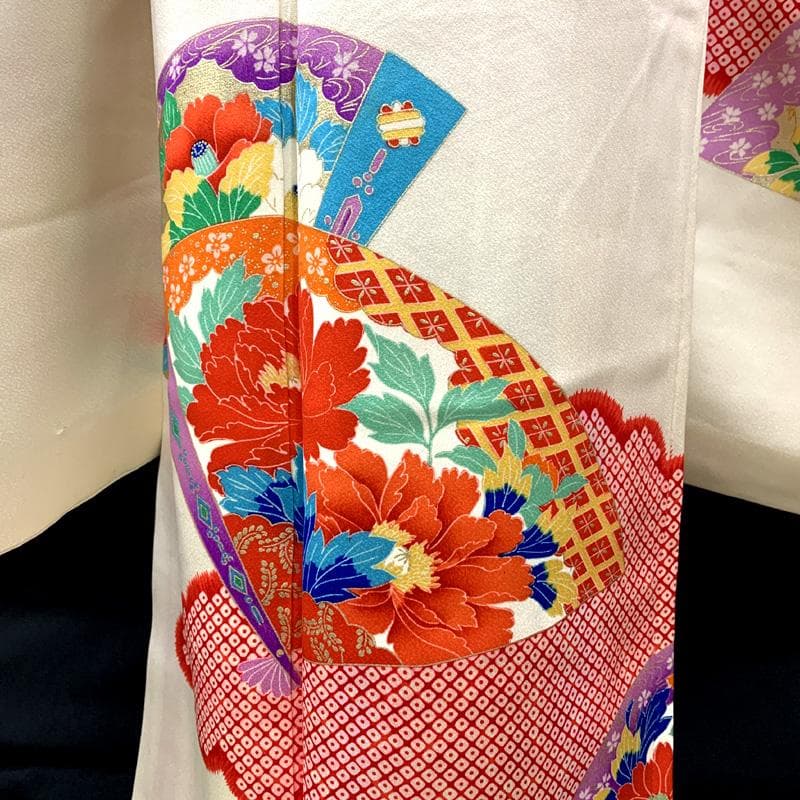 512ag34□七五三 七歳 女児 着物&袋帯 扇 鹿の子 白□状態良好