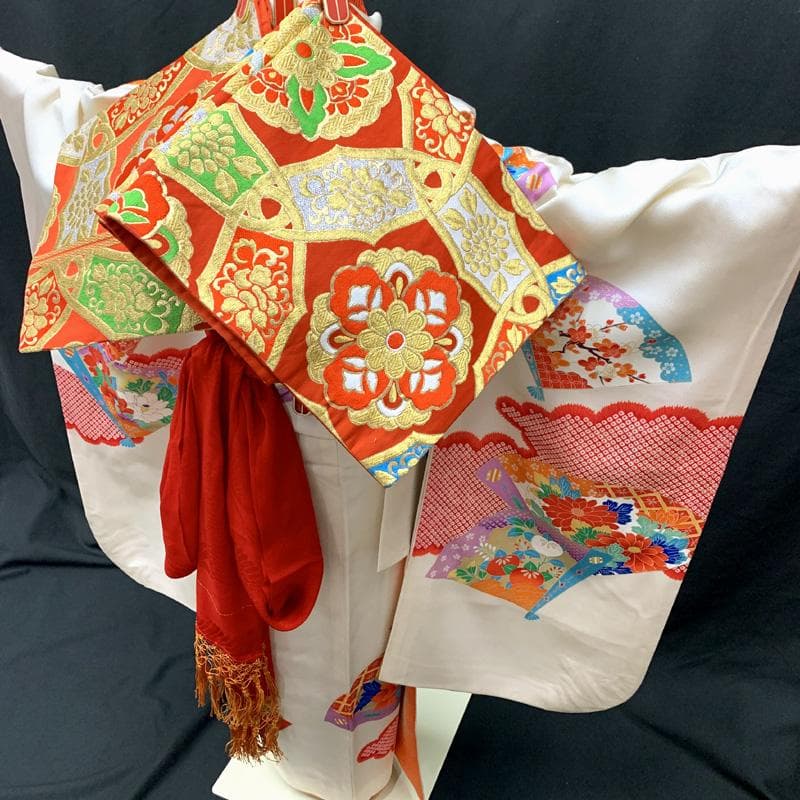 512ag34□七五三 七歳 女児 着物&袋帯 扇 鹿の子 白□状態良好