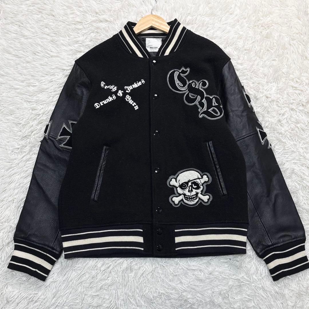 ヒューストン スタジャン スカル レザー ブラック M ワッペン