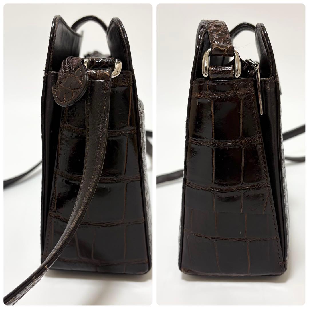 美品　リアル　シャイニング　クロコダイル　ショルダーバッグ　サコッシュ　ブラウン