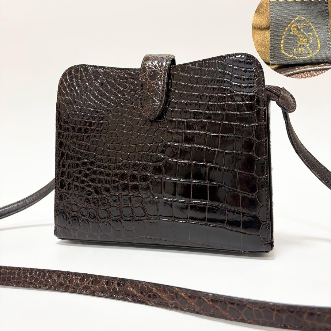 美品　リアル　シャイニング　クロコダイル　ショルダーバッグ　サコッシュ　ブラウン