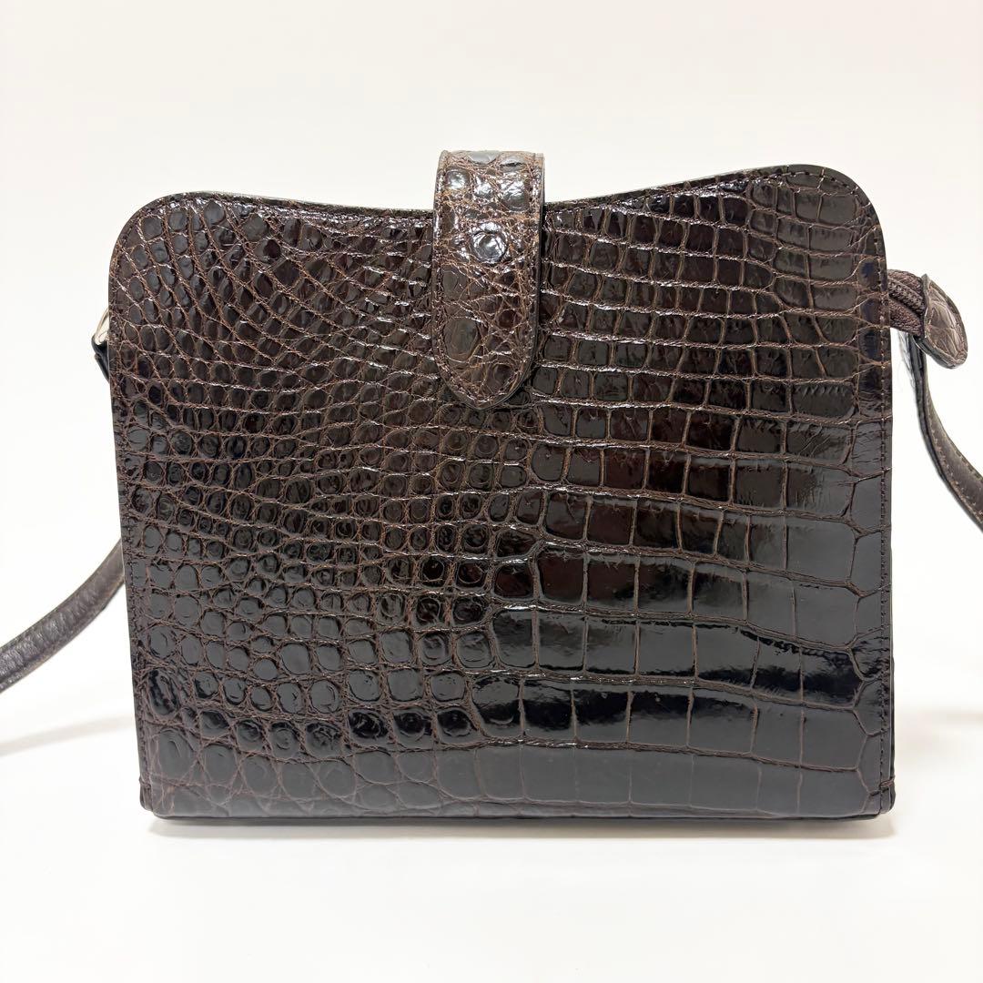 美品　リアル　シャイニング　クロコダイル　ショルダーバッグ　サコッシュ　ブラウン