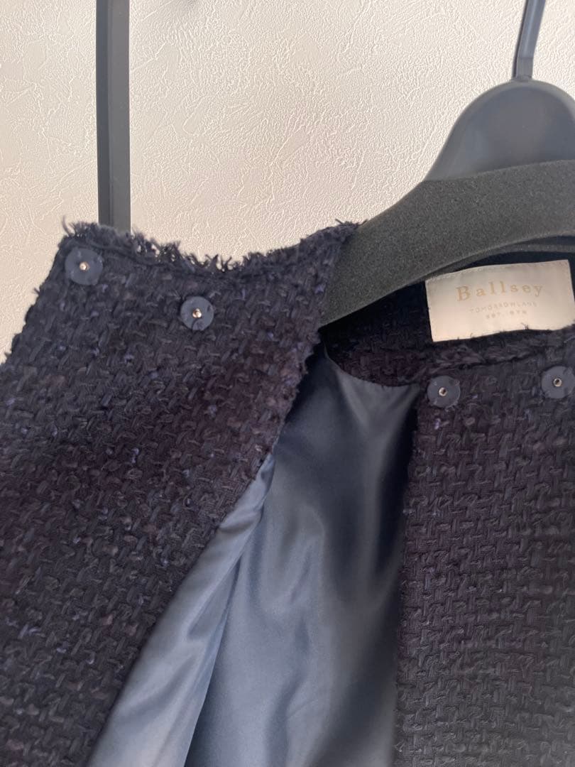 【美品】ballsey ミックスヤーンツイードノーカラージャケット　ネイビー