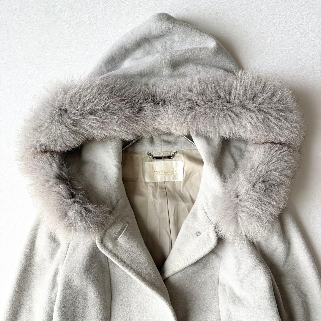 2952yハロッズ　フォックスファーロングコート　グレー　M 日本製