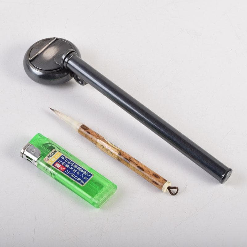 時代提げ物　書道具　古銅　華石作　丸壺矢立　筆付　C　8873