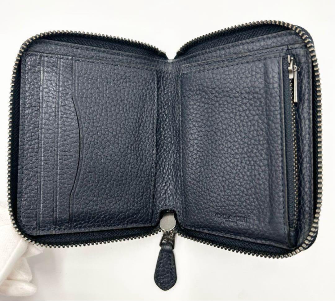 coach コーチ　二つ折り財布　ラウンドファスナー　ロゴ型押し　レザー　シボ革