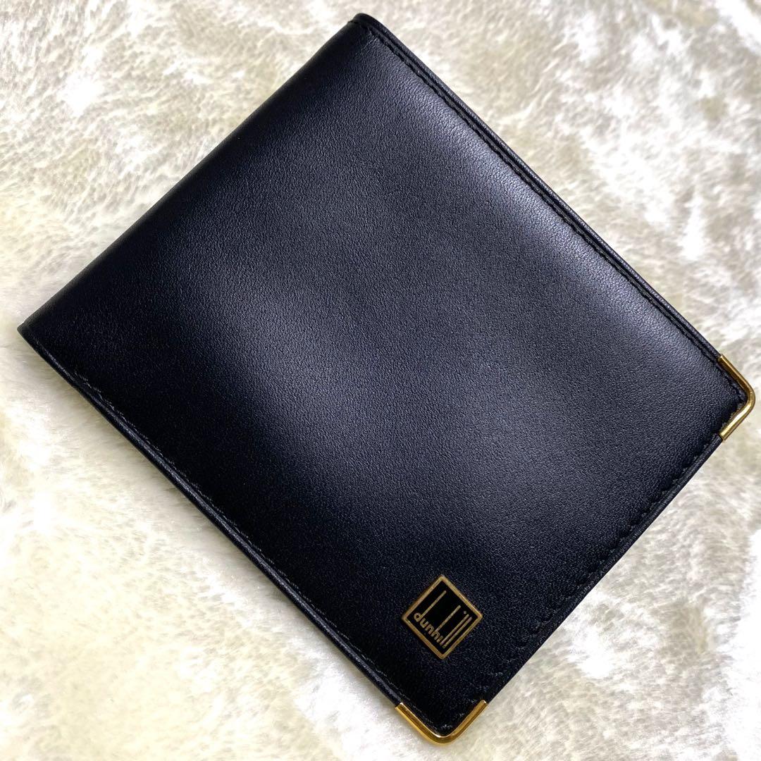 新品保管品✨ダンヒル　二つ折り財布　札入れ　黒レザー　ロゴ　ゴールド金具