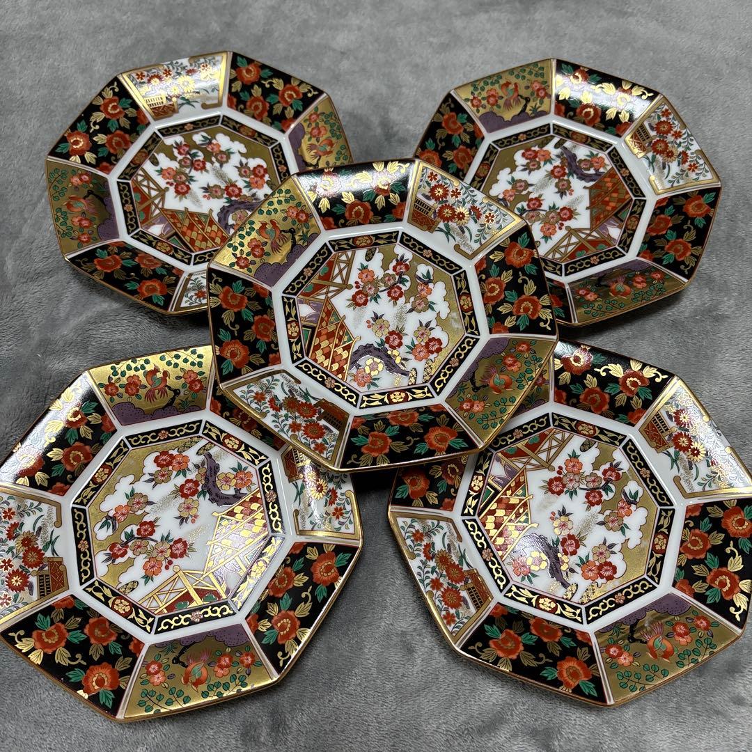 【即日発送✨】　有田焼　青藍窯　古伊万里紋 金蘭手　金彩　八角皿　5枚セット