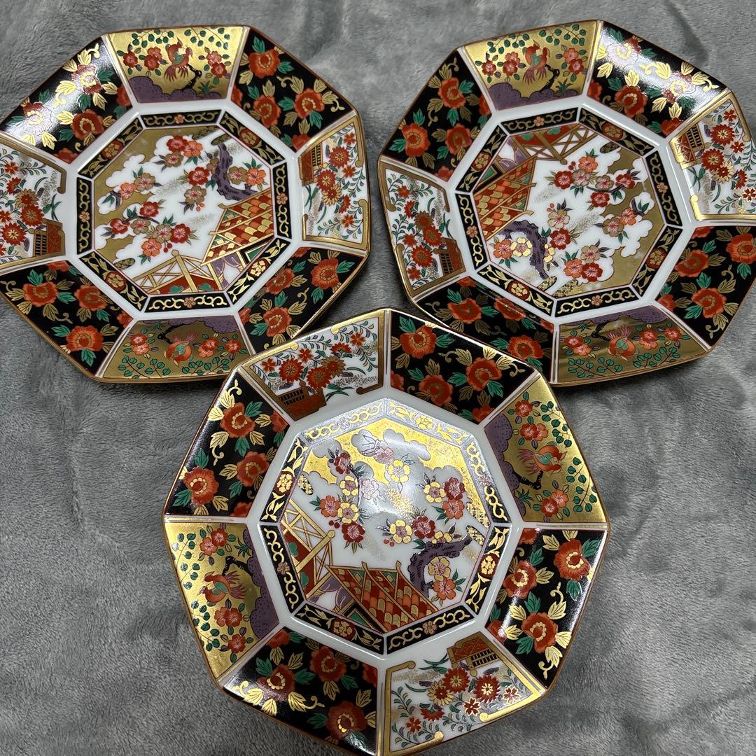 【即日発送✨】　有田焼　青藍窯　古伊万里紋 金蘭手　金彩　八角皿　5枚セット