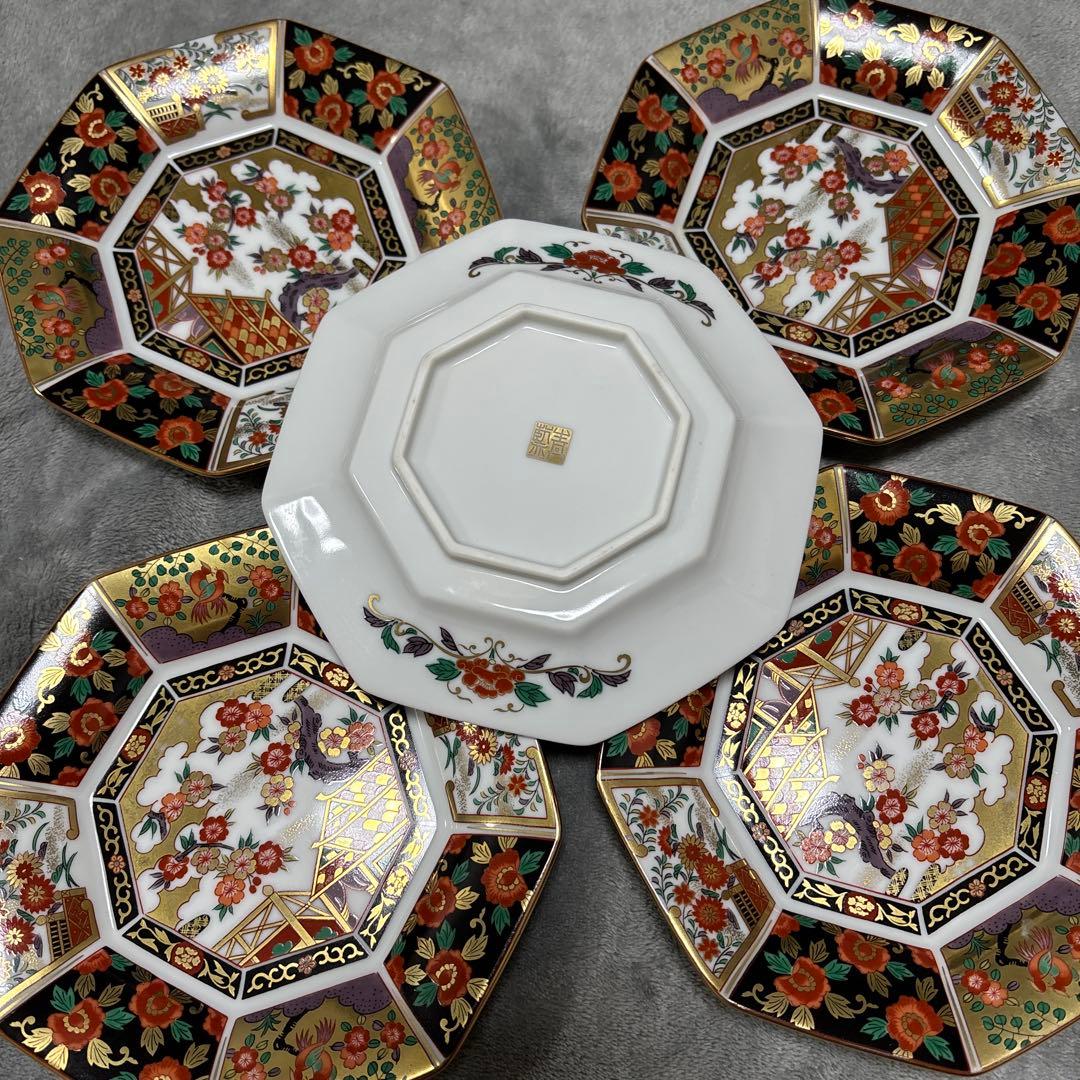 【即日発送✨】　有田焼　青藍窯　古伊万里紋 金蘭手　金彩　八角皿　5枚セット