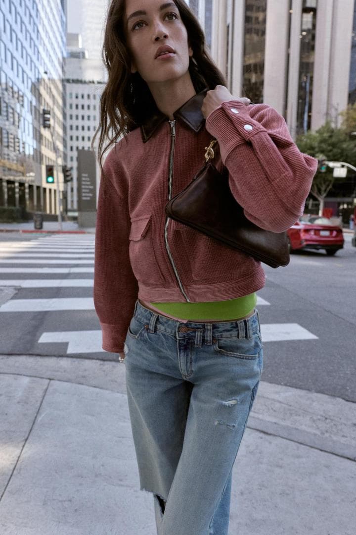 ZARA コーデュロイ フェイクレザー襟ジャケット マルサラ S