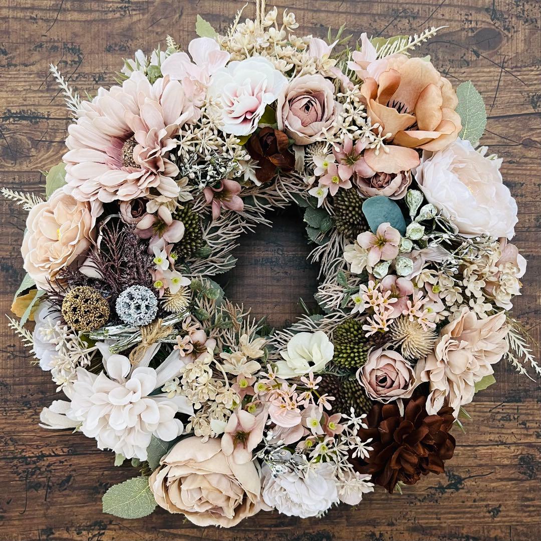 フラワーリース ナチュラルリース 玄関リース ニュアンスカラー アンティーク 大