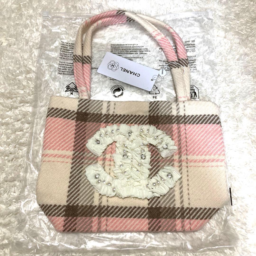 CHANEL チェック柄トートバッグ　シフォン　ピンク