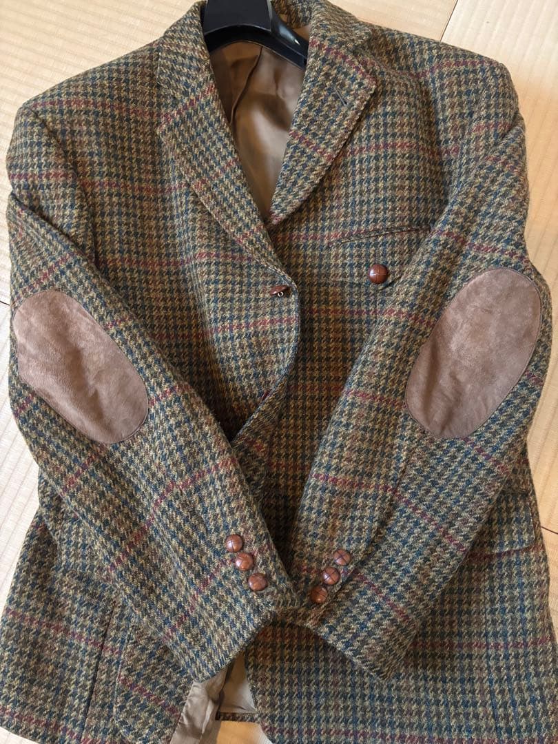 【美品】ハリスツイード ブレザー エルボーパッチ ガンクラブチェック くるみ釦