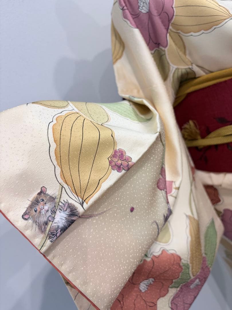 小紋　袷　ネズミ　リス　鳥