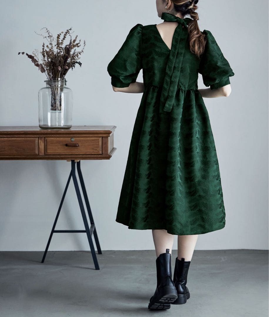 etoll. ジャガードパフスリーブドレス/グリーン