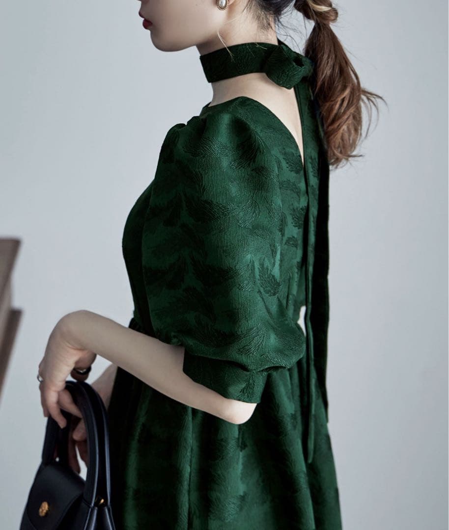 etoll. ジャガードパフスリーブドレス/グリーン