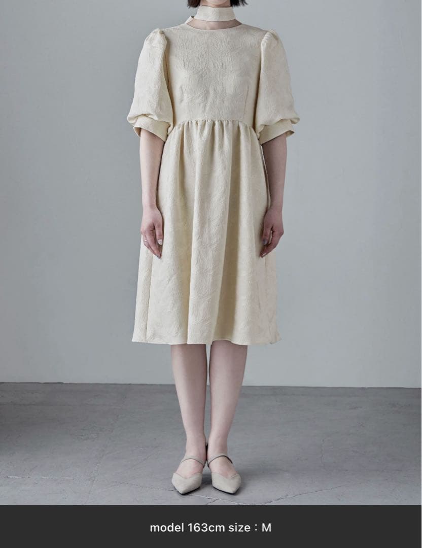 etoll. ジャガードパフスリーブドレス/グリーン