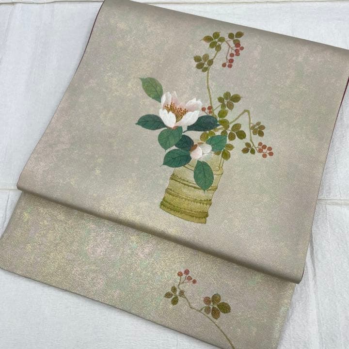 185 おかべみつこ 落款入り 袋帯 帯 正絹 作家もの 箔帯 しゃれ帯 着物