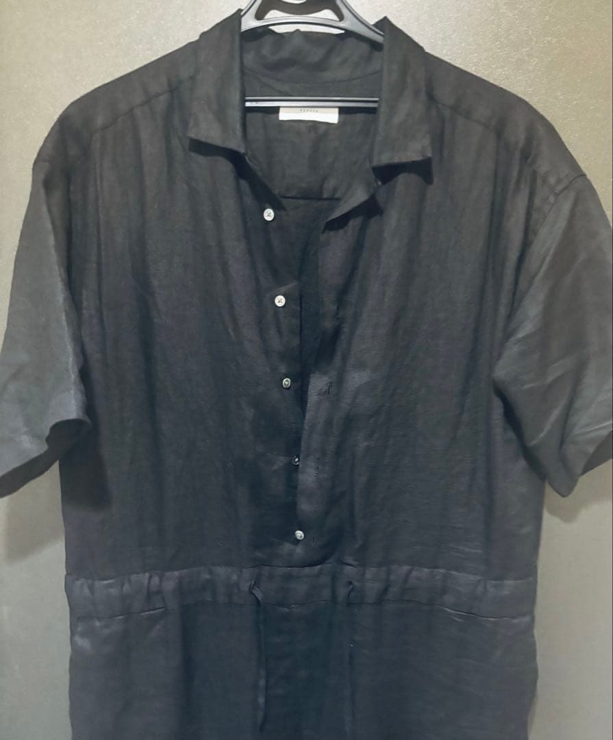 かぐれ リネンハーフスリーブ オールインワン 黒