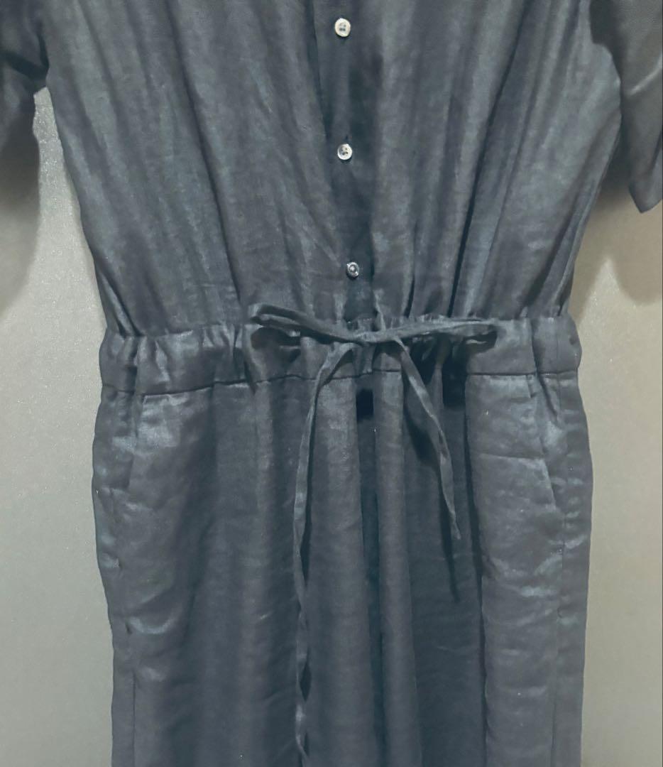 かぐれ リネンハーフスリーブ オールインワン 黒